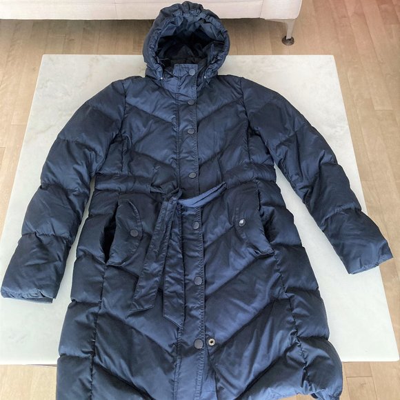 J Crew long puffer down jacket / winter coat / parka, navy, belt, hood, chevron - Picture 11 of 13